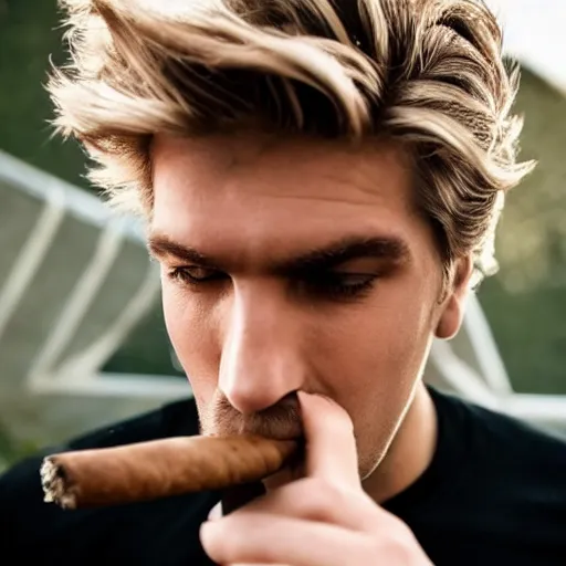 Image similar to a closeup photo of handsome gigachad xqc elrubius smoking a cigar