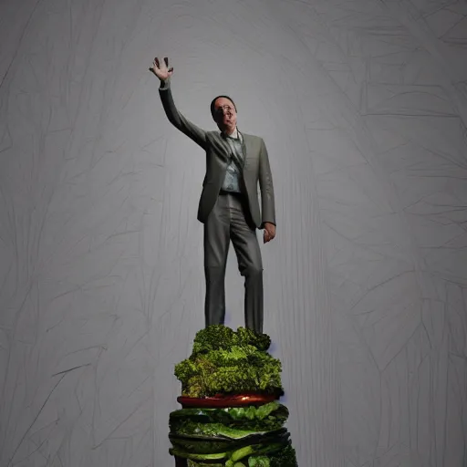 Image similar to hyperrealistic mixed media image of a statue of jerry seinfeld made entirely of salad and leafy green vegetables, stunning 3 d render inspired art by istvan sandorfi and greg rutkowski, perfect facial symmetry, realistic, highly detailed attributes and atmosphere, dim volumetric cinematic lighting, 8 k octane extremely hyper - detailed render, post - processing, masterpiece,