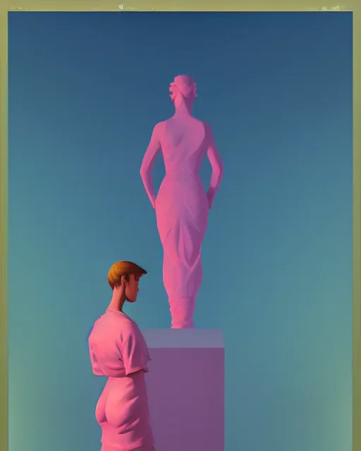 Image similar to a painting of a woman standing in front of a statue, a screenshot by stanley twardowicz, cgsociety, aestheticism, aesthetic, vaporwave, anime aesthetic