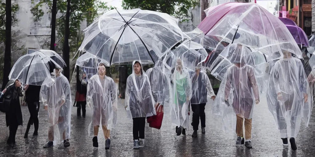 Image similar to people in transparent raincoats holding transparent umbrellas