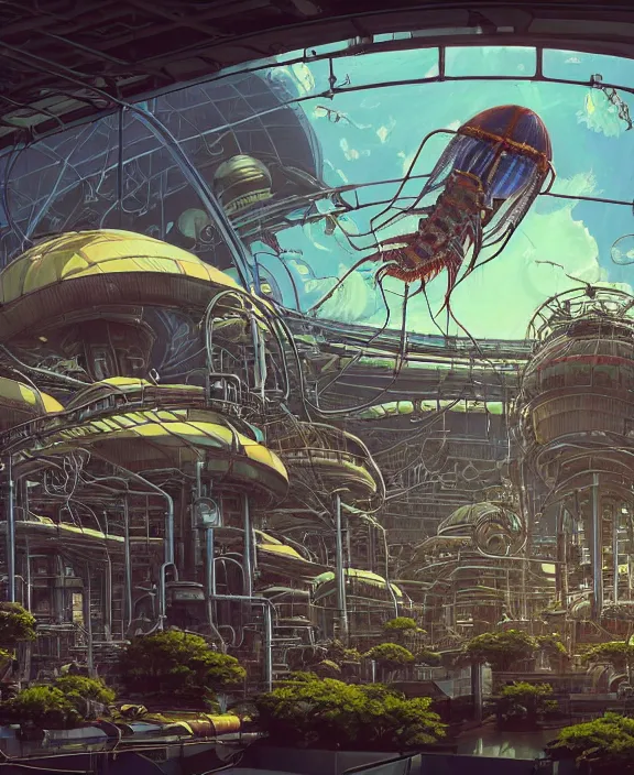 Image similar to inflated industrial plant made from isopod lobster octopus, in the style of spaceship, overgrown with orchids, partly cloudy, somber, dramatic lighting, by geof darrow, bill sienkiewicz, dan mumford, yusuke murata, makoto shinkai, ross tran, cinematic, unreal engine, cel shaded, featured on artstation, pixiv