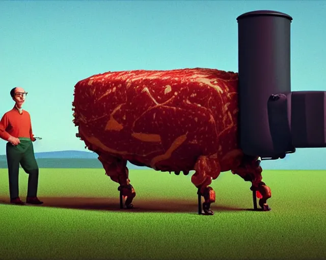 Image similar to Anthropomorphic Animatronic walking beef machine made of meat, painting by Grant Wood, 3D rendering by Beeple, directed by Wim Wenders, cinematography by Robby Müller