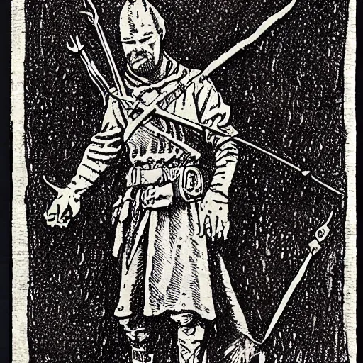 Prompt: Robin Hood character stamp in medieval style by frank godwin and moebius, ink outline, charcoal on paper, exlibris, rubber stamp