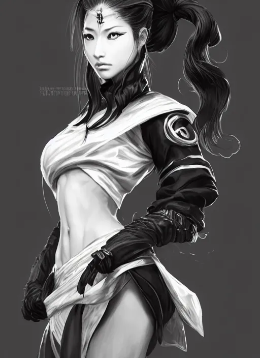 Image similar to a highly detailed illustration of fierce tall amazon messy ponytail black haired one armed delinquent japanese woman wearing white cap wearing long white jacket with cape, muscular, intricate, elegant, highly detailed, centered, digital painting, artstation, concept art, smooth, sharp focus, league of legends concept art, wlop.