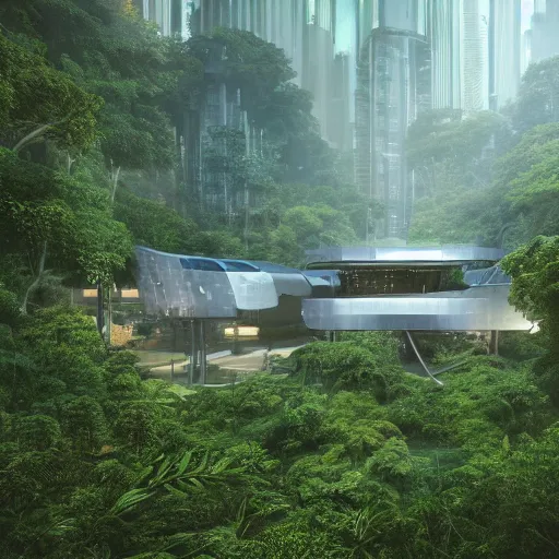 Prompt: extreme wide shot a futuristic containment building in a rainforest valley with a city in the distance, national geographic, hyper realistic, 4 k, warm light, a sense of hope, artstation