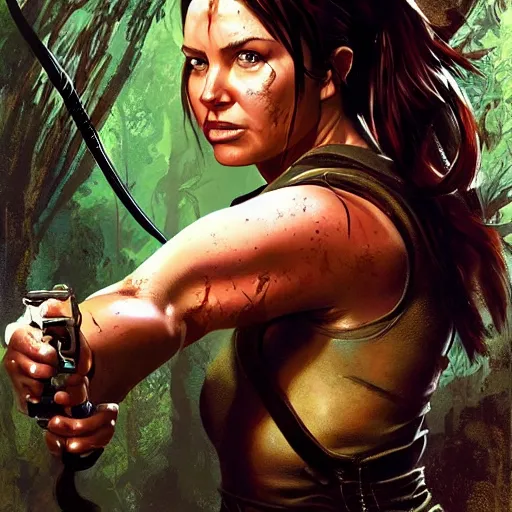 Image similar to Ricky Gervais as Lara Croft (tomb raider, 1996), full body portrait by Karol Bak, Syd Mead and Raphael Lacoste, rich colors, neon digital art