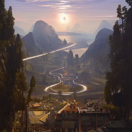Image similar to heavens gates as a grand theft auto 5 loading screen, gorgeous, beautiful, intricate, highly detailed, digital painting, artstation, oppressive lighting, concept art, sharp focus, illustration, art by greg rutkowski and alphonse mucha