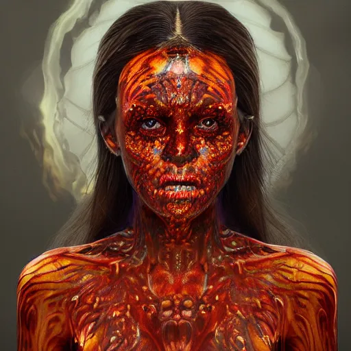 Prompt: A very detailed horrifying portrait painting of the fire princess, fire patterned skin, 8k, trending on artstation cgsociety, masterpiece, in the style of DiscoDiffusion.