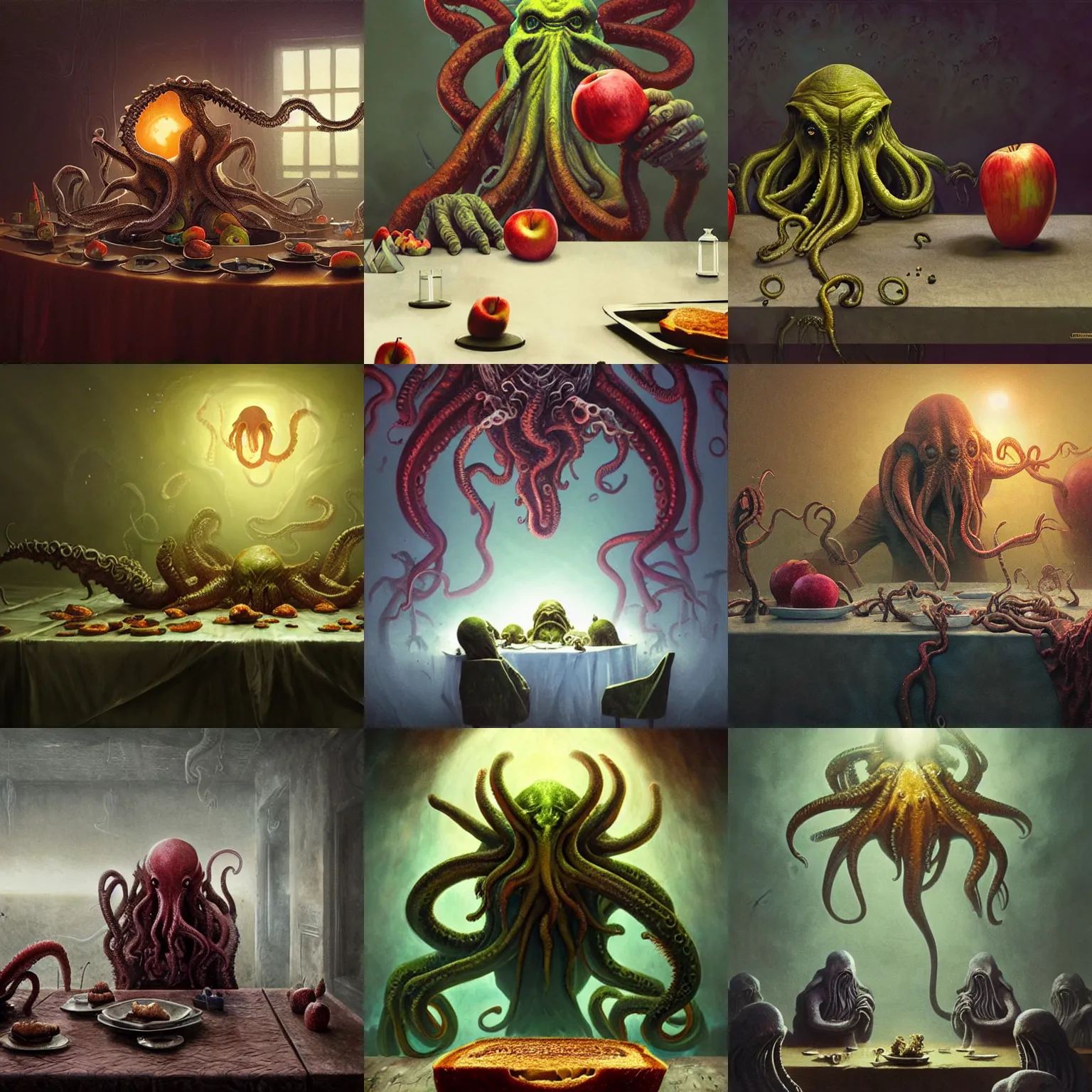 Prompt: Cthulhu eating toast, art by greg rutkowski and Zdzislaw Beksinski, good clear quality, lighting, horror, biology, symmetrical artwork, tentacles, Cthulhu Mythos, small Planets on table as apples, 135 mm, cinematic, hyper realism, high detail, octane render, 8k, chrome accents