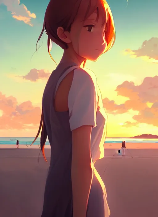 Image similar to side portrait of cute girl, sunset sky in background, beach landscape, illustration concept art anime key visual trending pixiv fanbox by wlop and greg rutkowski and makoto shinkai and studio ghibli and kyoto animation, futuristic wheelchair, symmetrical facial features, future clothing, volumetric lighting, backlit