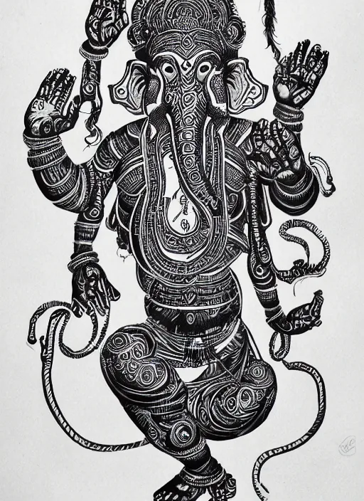 Prompt: black ink line art drawing, 6 armed ganesh dancing holding an old school boombox, high details, intricately detailed, by vincent di fate, artgerm julie bell beeple, inking, 1 9 9 0 s, vintage 9 0 s print, screen print