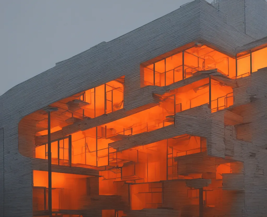 Prompt: photo of the exterior of a futuristic japanese house, dramatic lighting, smoke, ceiling fluorescent lighting, black and orange colour palette