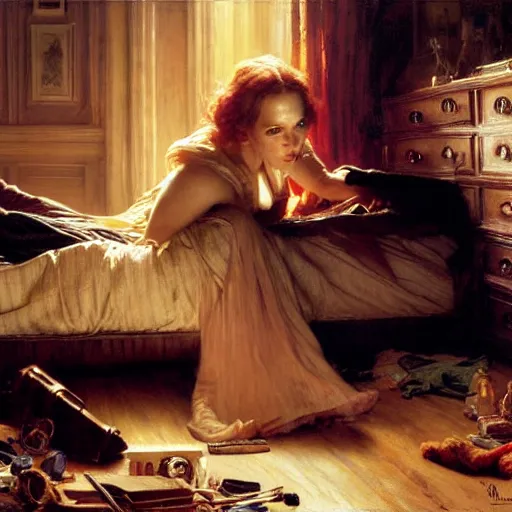 Prompt: paul rudd hiding under his bed, scared because an evil rachel mcadams is attacking him, painting by gaston bussiere, j. c. leyendecker, greg rutkowski, craig mullins 8 k