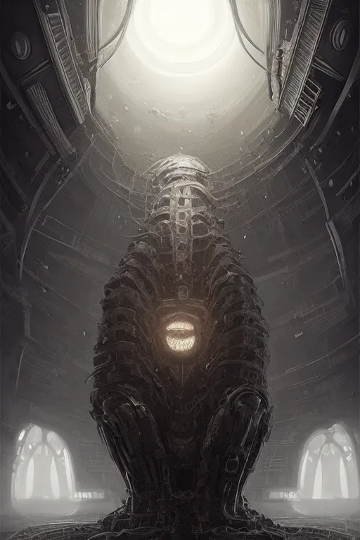 Prompt: professional concept art of a symmetrical! ominous floating!!! mechanical steel terrifying!! giant monster thing in a dark room by artgerm and greg rutkowski. an intricate, space, elegant, highly detailed digital painting, concept art, smooth, sharp centred focus, illustration, cubism, in the style of cam sykes, wayne barlowe, igor kieryluk.