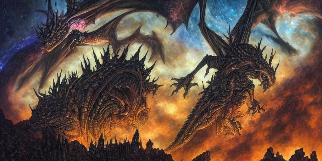 Prompt: an alien dragon protecting a dark gothic castle with tall spires on an asteroid floating in front of an epic nebula, Dan Seagrave art