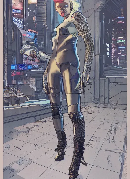 Image similar to cyberpunk hitwoman walking into a nightclub. portrait by mœbius and will eisner and gil elvgren and pixar. realistic proportions. cyberpunk 2 0 7 7, apex, blade runner 2 0 4 9 concept art. cel shading. attractive face. thick lines.