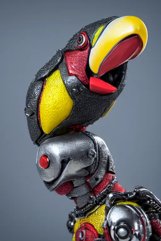 Image similar to a macro photo of a cyborg toucan miniature figurine, dynamic pose, chrome parts, intricate details, intricately detailed textures, warm lighting, vivid colors, realistic octane render, hyper realistic render, volumetric shading, depth of field, raytracing, 8 k,