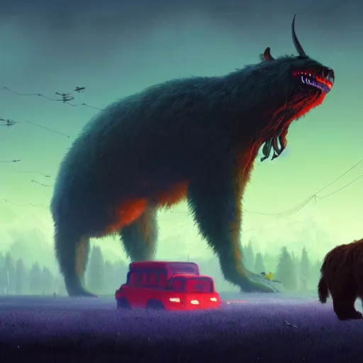 Prompt: giant furry creature lurking over a cowering smaller creature, in the foreground a small town, epic science fiction horror digital matte painting by Simon Stalenhag and Mark Brooks, extremely detailed, artstation