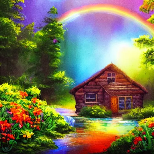 Prompt: a beautiful cottage in the forest, water painting, sun lit, flowers, rainbow