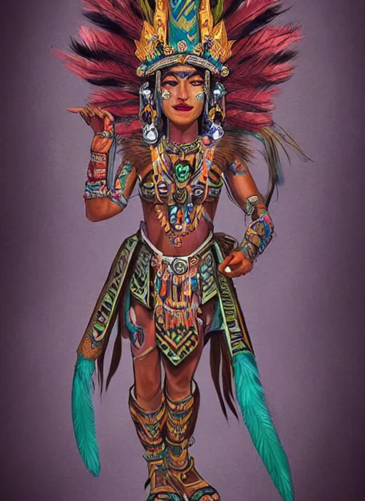 Prompt: character design, full body view, head to feet view, beautiful aztec warrior, muse goddess, crown of very long quetzal feathers, glowing aztec tattoos, pretty, dark fantasy