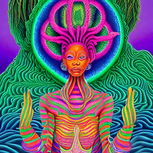 Image similar to a regal and heroic african queen with colorful dreadlocks sitting in a cabana near a pink river with a large glowing baobab tree in the center, by amanda sage and alex grey and evgeni gordiets in a surreal psychedelic style, symmetrical, detailed eyes, oil on canvas 8k, hd