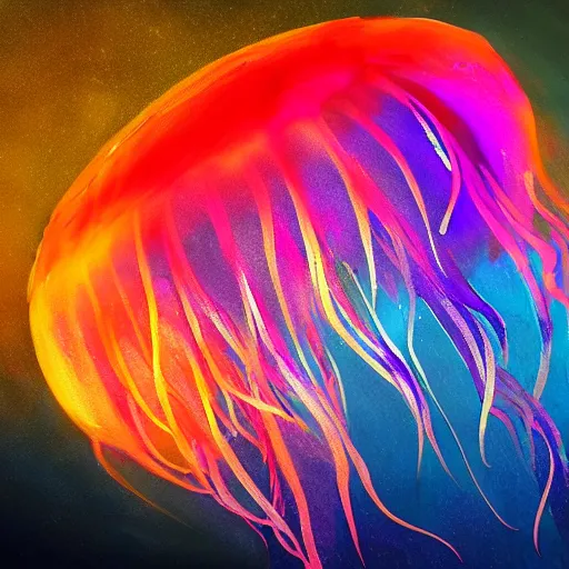 Prompt: intense dramatic painting of a massive colorful glowing jellyfish in the deep ocean, fantasy, volumetric lighting, blue tones, digital art, trending on artstation