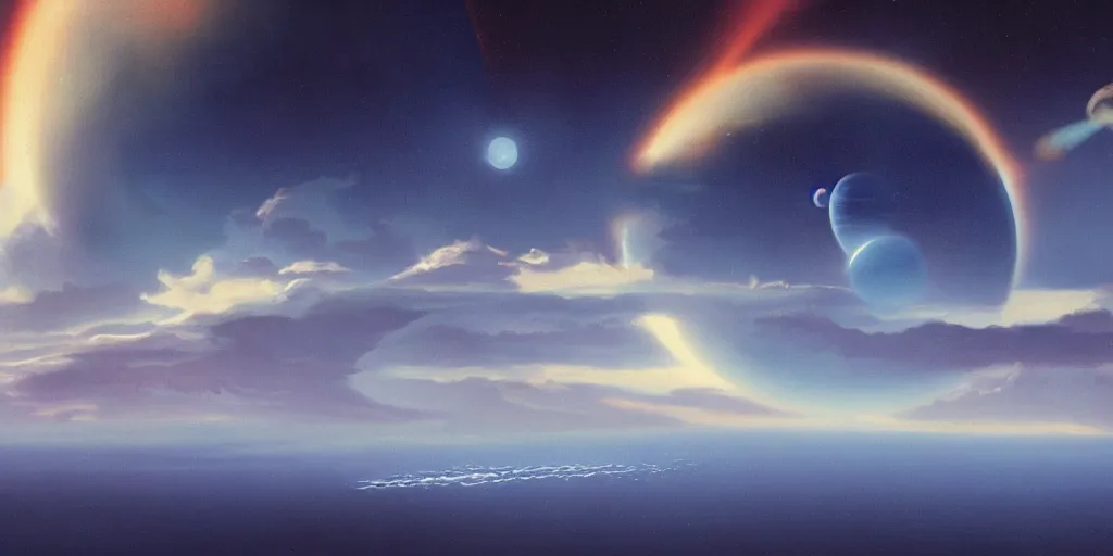 Image similar to blue dreamy cloudscape with a single planet in the clouds, daylight, cinematic lighting, cinematic perspective, syd mead, john harris, federico pelat,