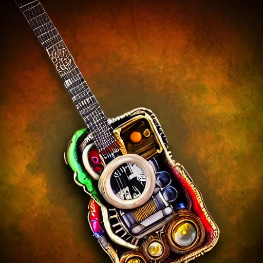 Image similar to photo of an eccentric steampunk electric guitar with ornaments, ultra realistic, vapor tubes, clock, mucha, art deco, art nouveau, neo goth, goth, cyberpunk, neons, 3 d chromes, unreal