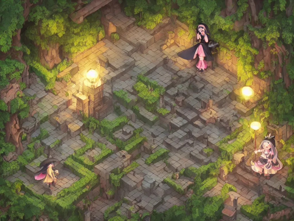 Prompt: cute fumo plush gothic witch girl exploring a forbidden cursed magic temple in the woods, magical glow, isometric perspective, orthographic, tile map, vray