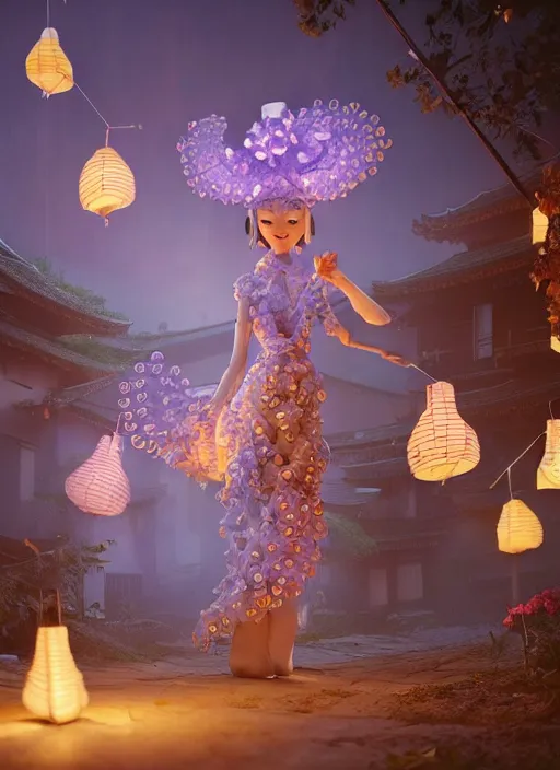 Image similar to japanese village with paper lanterns, angle view of anthropomorphic octopus woman wearing a flowing light lavendar couture dress with puffy sleeves made of paper, paper orchid flowers, heavenly light, 3 d, very detailed, octane render, trending artstation, artgem