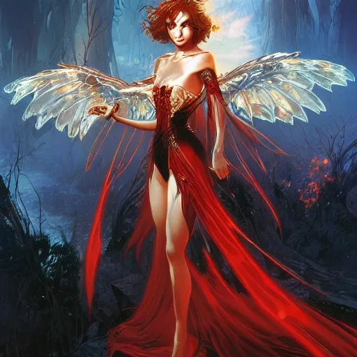 Prompt: young vampire princess with burning wings 4 k high definition gorgeous dramatic lighting artstation trending path traced contrast light and dark cinematic breathtaking by noriyoshi ohrai, patrick woodroffe, and hans zatzka