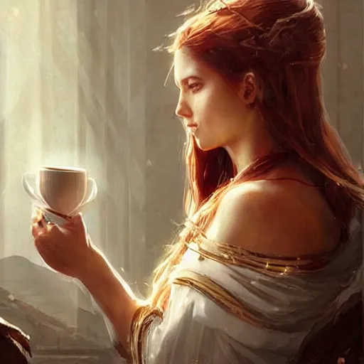 Image similar to pretty roman girl drinking coffee, extremely long hair, epic fantasy art by Greg Rutkowski