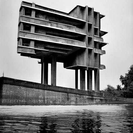 Prompt: a floating upside down brutalism architecture, ilford hp 3, photo from 1 9 5 0, emerged by a river