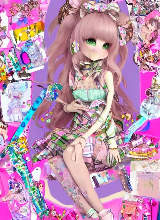 Image similar to 3 d decora gyaru fashion melting anorexic pastel cute pallete slimy angelic angel character, decora inspired illustrations, maximalist cgi, soft lighting, glitter glue, checkered burberry patterns, scribbles and doodles