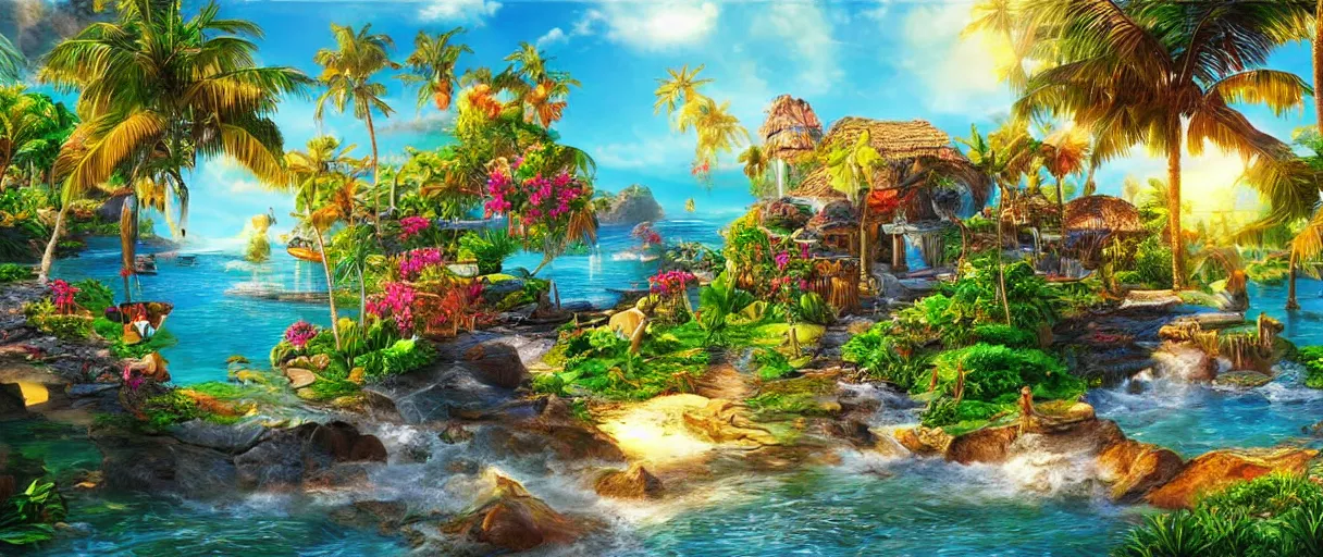 Image similar to beautiful Paradise, sunny, photorealistic, masterpiece, award winning landscape photo, hyperdetailed