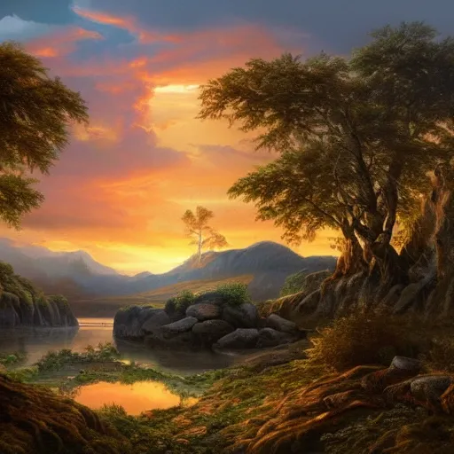 Image similar to a masterpiece hyper realistic prehistoric landscape, golden hour