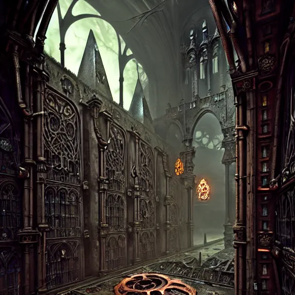 Image similar to steam necropolis, memento mori, gothic, neo - gothic, art nouveau, hyperdetailed copper patina medieval icon, stefan morrell, philippe druillet, ralph mcquarrie, concept art, steampunk, unreal engine, detailed intricate environment, octane render, moody atmospherics, volumetric lighting, ultrasharp, ominous, otherworldly