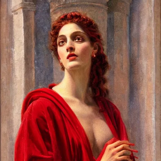 Image similar to painting of the greek goddess, aphrodite in a red robe, 1 8 8 9, highly detailed, vivid, high quality