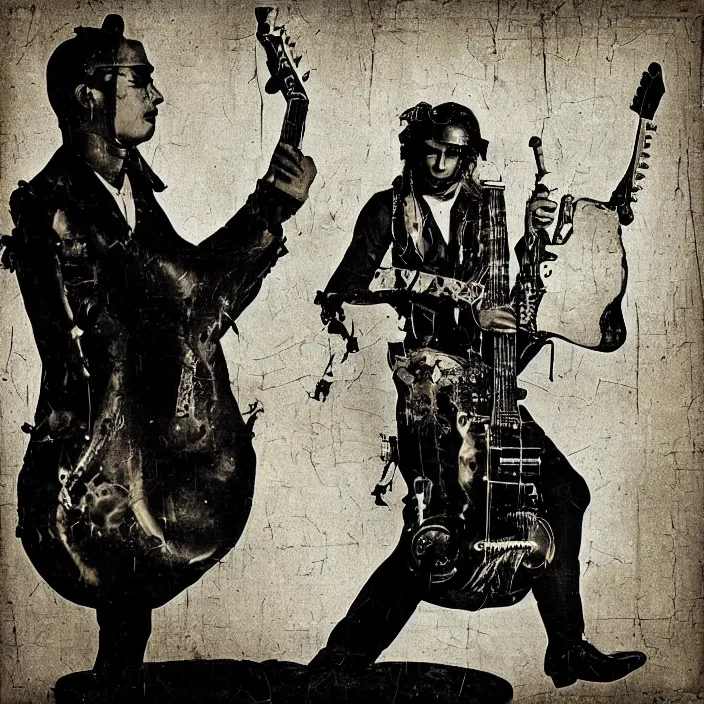 Prompt: “Cyborg Black Blues Singer 1930's with steampunk guitar and keyboard. Dramatic old torn photograph”