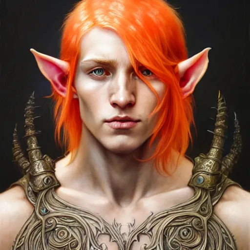 Image similar to portrait painting of an very young elven man with short light orange hair and tribal tattoos on his face wearing fur armor, ultra realistic, concept art, intricate details, eerie, highly detailed, photorealistic, octane render, 8 k, unreal engine. art by artgerm and greg rutkowski and charlie bowater and magali villeneuve and alphonse mucha