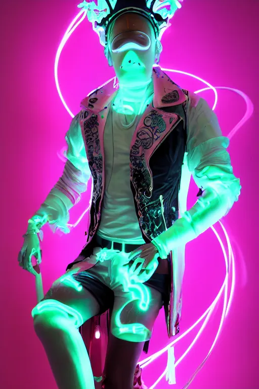 Prompt: full-body rococo and cyberpunk style neon statue of a young attractive Cubano macho dotado e rico android sim roupa reclining con las piernas abertas e la piroca dura, glowing white laser eyes, prince crown of mint gears, pink diamonds, swirling black-colored silk fabric. futuristic elements. black flowing tar. full-length view. space robots. human skulls. intricate artwork by caravaggio. Trending on artstation, octane render, cinematic lighting from the right, hyper realism, octane render, 8k, depth of field, 3D