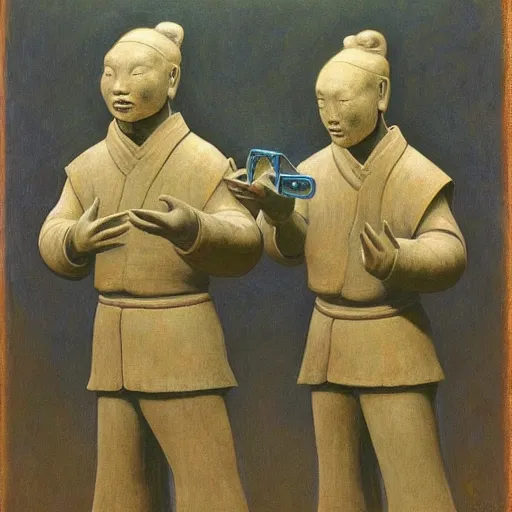 Image similar to A performance art. A rip in spacetime. Did this device in her hand open a portal to another dimension or reality?! terracotta warriors by Jean Delville, by William Gropper rigorous, ornate