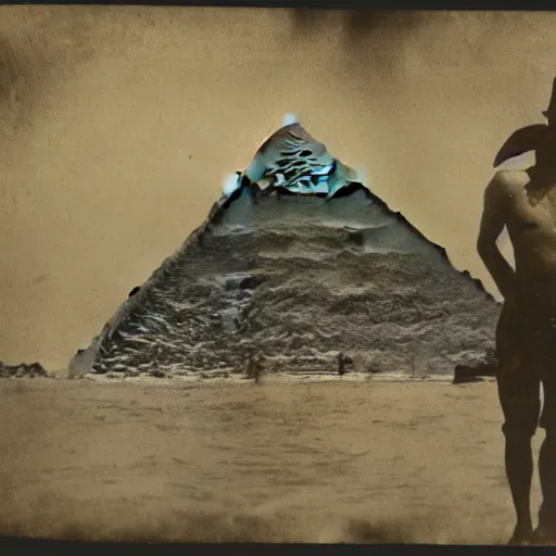 Image similar to tintype photo, underwater, Godzilla walking in front of the pyramids