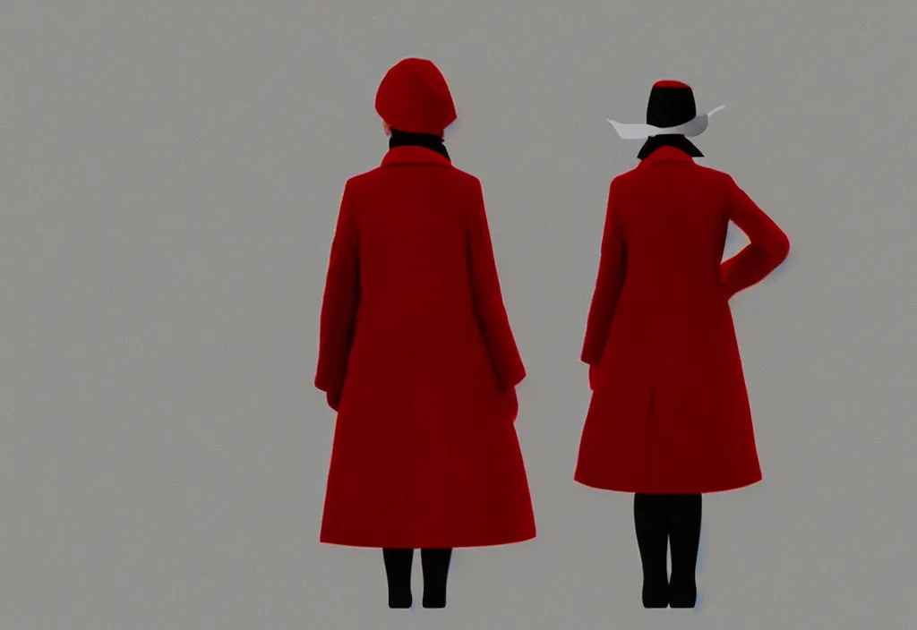 Image similar to young european woman in a long red coat peering through binoculars, portait, in the style of wes anderson, rene magritte, lola dupre, david hockney, isolated on white background, dark monochrome neon spraypaint accents octane render