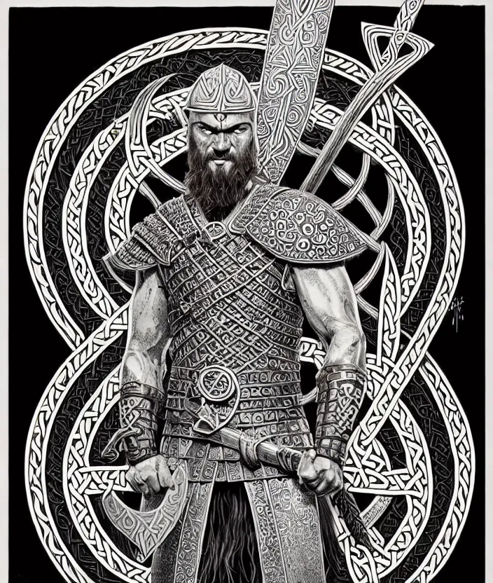 Image similar to knotwork with center viking warrior, extremely detailed, bold line art, by vincent di fate and joe fenton and artgerm, holding shield and sword, centered, inking, etching, screen print, inkblots of color, masterpiece, trending on artstation, sharp, high contrast, hyper realistic, hd, 4 k, 8 k