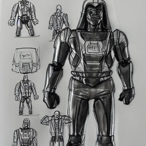 Image similar to industrial design sketch of an 1 9 8 0's kenner action figure. copic marker sketch. hand drawn.