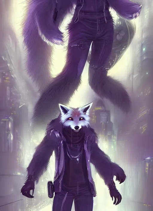 Image similar to award winning beautiful portrait commission of a male furry anthro melanated fox fursona with a tail and a cute beautiful attractive detailed furry face wearing stylish cyberpunk clothes in a cyberpunk city at night while it rains. Character design by charlie bowater, ross tran, artgerm, and makoto shinkai, detailed, inked, western comic book art