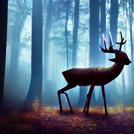 Prompt: a robot deer standing in the woods, digital art, cinematic lighting, epic composition, highly detailed