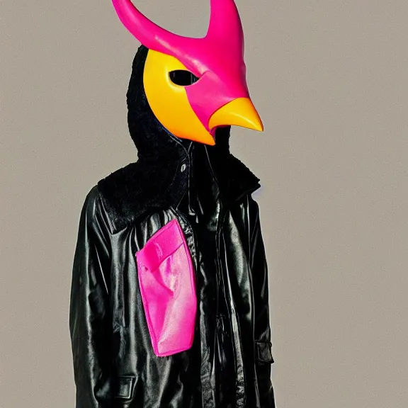 Image similar to model in plastic bird mask wearing baggy colorful 9 0 s jacket by rick owens. magazine ad. pastel brutalist background.