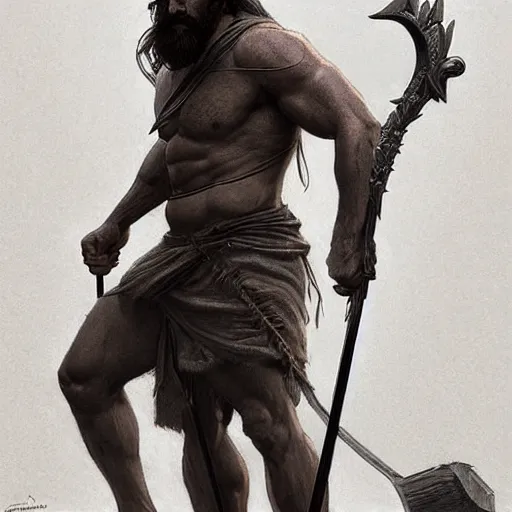 Image similar to portrait of a gruff ranger carrying the holy lance of longinus, Cain, moderately muscular, hairy body, intricate, elegant, highly detailed, digital painting, artstation, concept art, matte, sharp focus, illustration, art by Artgerm and Greg Rutkowski and Alphonse Mucha